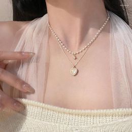 Pendant Necklaces Fashion Necklace Women Heart Pearl Exquisite Double Layer Clavicle Chain Cute Jewelry Accessory Girls Gift