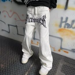 Men's Jeans 2022 Cool Design Leather Embroidery White Baggy Men Pants Y2K Fashion Streetwear Straight Loose Hip Hop Denim Tro197m