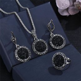 Necklace Earrings Set Women Charming Black Rhinestone Party Chain Round Stone Pendant Ring