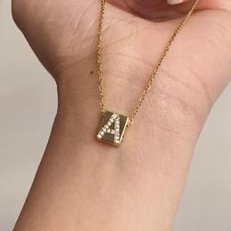 Pendant Necklaces Simple Copper Zircon Name Initial Letter Square Necklace For Women Gold Color CZ Alphabet Charm Steel Thin Chain Choker