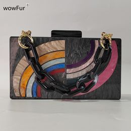 Evening Bags Pearl Black With Colorful Rainbow Patchwork Handmade Acrylic Shell Flap Women Shoulder Box Clutches Party Summer Purse 230823