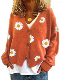 Women's Knits 2023 Women Daisy Flower Cropped Cardigan Ladies Cotton Knit V Neck Sweater Open Front Jumper For