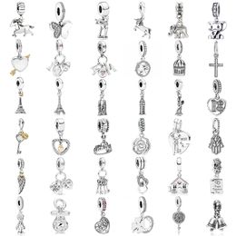 925 Silver Fit Pandora Charm New Keychain 물병 크로스 비드 패션 매력 세트 펜던트 DIY Fine Beads Jewelry