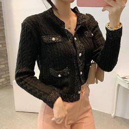 Women's Jackets Small Fragrance Half-high Collar Women Coats Single-row Pearl Button Knitted Sweater 2023 Autumn Koraen Chic Tops