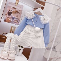 Clothing Sets Children Clothing Girls Hoodie Pleated Skirt Set for Spring Autumn New Fashionable Two Piece Set Bow Preppy Style Kids Clothes