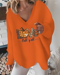 Women's Sweaters Woman Fashion Blouse Autumn Halloween Leopard Polka Dot Pumpkin Love Letter Print V-Neck Female Casual Long Sleeved Top