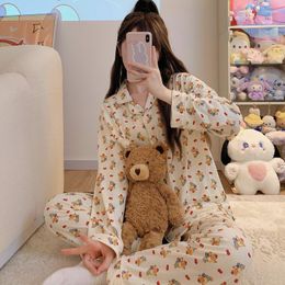 Women's Sleepwear Cotton Pyjama Autumn Spring Long Sleeve Soft Set Striped Cartoon Pyjama Woman Home Nightwear Cardigan