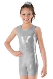 Stage Wear Child Spandex Tank Biketards Metallic Girls Gymnastics Unitard Shorty Boys Silver Shiny Dance Leotards Short Toddler Dancewear