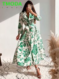 Basic Casual Dresses TMODA Summer Women Green Floral Print Midi Dress With Belt Vintage Three Quarter Sleeve Dress Female Outwear Vestidos 230823