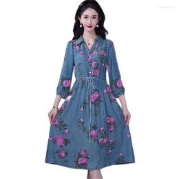 Casual Dresses 4XL Lace-Up Dress 2023 Spring/Summer Light Luxury Fashion Waist Covering And Slim Fit Peony Print Denim V-Neck