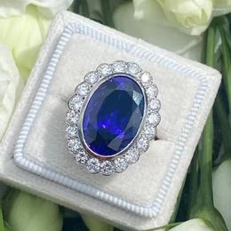 Cluster Rings Domineering Sapphire Grand Oval Diamond Couple Ring For Women Dark Blue Geometric Silver-Plated Anniversary Gift Jewelry