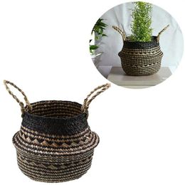 Handmade Bamboo Woven Flower Basket Black Grid Straw Wicker Dirty Laundry Organiser Foldable Seagrass Storage Baskets Plant Pot311b