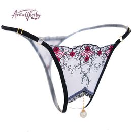 Trosor trosor pärla pendell öppna thongs kvinnor underkläder crotchless broderi g sträng tanga spets transparent sexig underkläder 230824