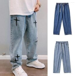 Men's Pants Men Jeans Wide Leg Loose Star Embroidery Denim Trousers Solid Color Zipper Button Closure Long