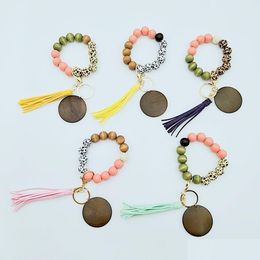 Keychains Lanyards 10 Styles Wooden Bracelet Keychain With Tassels Keys Diy Wood Fiber Pandent Woodwooden Bead Bangle Key Decorate Otftb