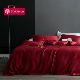 Bedding sets Sondeson Wome Red 100% Silk Bedding Set Double Queen King Duvet Cover Flat Sheet Fitted Sheet Pillowcase Bed Set For Sleep 230823