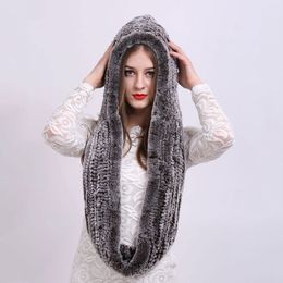 Wide Brim Hats Bucket Women Knitted Real Rex Rabbit Fur Hat Hooded Scarf Winter for Woman Fall Cap Warm Natural with Neck Scarves Bonnets 230824