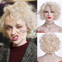 Synthetic Wigs MSIWIGS Wavy Short White Blonde Wigs American African Synthetic Afro Pink Brown Black Fake Hair for Women Free Cap x0824