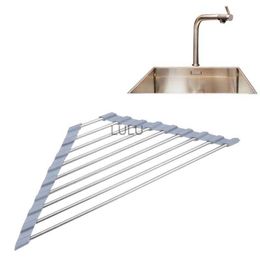 Triangle Dish Drying Rack For Sink Corner Roll Up Caddy Sponge Holder Foldable Stainless Steel Dish Drainer Kitchen Accessories HKD230810