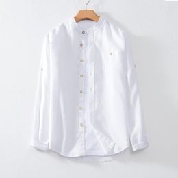 Men's Casual Shirts Fashion Standing Collar Loose Cotton Linen Shirt Large Size Cardigan Long Sleeved Clothes For Men