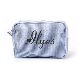 Cosmetic Bags Cases Personalized Name Seersucker Bag Travel Pouch Large Makeup Organizer Zipper Purse Toiletry for Women Girls 230823