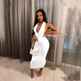 Casual Dresses WJFZQM Deep V Neck Knitted Halter Sexy Midi Dress For Women Backless Party Bodycon Long Summer Clothes Club Outwear 2023