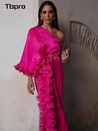 Basic Casual Dresses Solid Diagonal Collar Asymmetric Long Sleeved Satin Dres's Fashion Layered Ruffle Maxi Vestido Club Vacation Evening Robe 230823