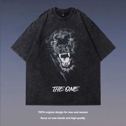 23ss New Designer TKPA American High Street Panther Print Old Short Sleeve T-shirt for Men and Women Hiphop Couple Half Sleeve Tee