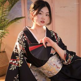 Ethnic Clothing Noble Women Print Flower Kimono Dress Japanese Yukata Kimonos Bathrobe Robe Gown Elegant Geisha Dancing Costumes Vintage