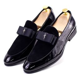 Dress Shoes Handmade Mens Loafer Shoes Genuine Patent Leather Suede Patchwork with Bow Tie Wedding Footwear Banquet Dress Shoes for Men 230824