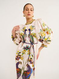 Basic Casual Dresses Birds Printed Lantern Sleeve Dress Women Belts O-neck Split Holiday Flower Beach Dress Female Summer Colorful Long A-line Robe 230824