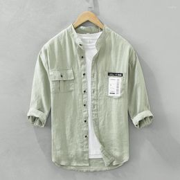 Men's Casual Shirts Pure Linen Green Shirt For Men Fashion Stand Collar Loose Three Quarter Sleeve Tops