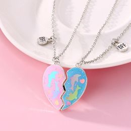 Chains Lovecryst 2Pcs/set Pink Blue Stitching Broken Heart Shape Necklace Friends Children's Dolphins Magnet Love