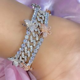 Anklets Iced Out Bling Clear 5A Cubic Zircon White Pink Cz Butterfly 5mm Tennis Chain Charm Anklet For Women Summer Beach Styles Jewelry 230823