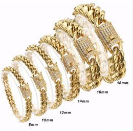 Bangle 8/10/12/14/16/18mm Wide 316L Stainless Steel Curb Cuban Link Chain Gold Colour Bracelet Bangle Jewellery for Men Women 7-11inch 230824
