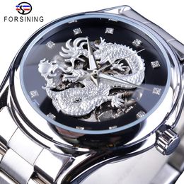 Forsining watch Classic Dragon Design Silver Stainless Steel Diamond Display Men Automatic Wrist Watches Top Brand Luxury Montre H211j