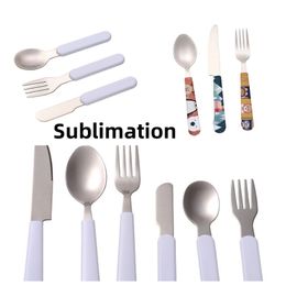 Wholesale Sublimation Blank Fork Knife Spoon Cutlery Sets White Heat Transfer Dinnerware Stainless Steel Adults Children's Portable Kids Tableware DIY Gifts