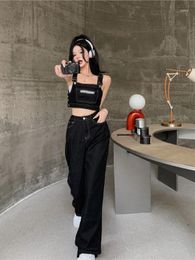 Women's Jeans Fashion Two-Piece Top Pants Set Women Black Overalls Big Pocket Jumpsuit Romper Female Dungaree Denim Suit