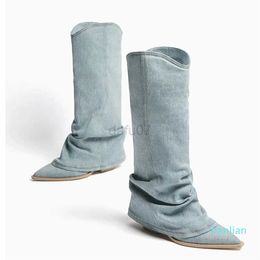 Boots Vintage Pleated Denim Knee-High Boots Women 2023 Autumn Slip-On Pointed Toe Long Boots Woman Thick Heeled Western