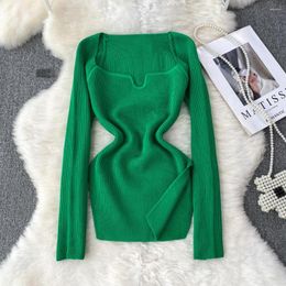 Women's Blouses Women Elastic Knit Chic Square Neck Sexy Blouse Korean Fashion Slim Sweater Casual Autumn Winter Sweaters