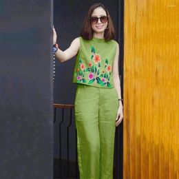 Women's Two Piece Pants 2 Pcs/Set T-shirt Set Flower Printing Women Tank Top Trousers Comfortable Lady Outfit