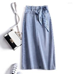 Skirts Denim Skirt Solid Casual Office-Lady High Waist Silk Ribbon Straight Women's Korean Fashion Mid-Calf Long For Women