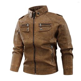 Men's Jackets Motorcycle Biker Leather Winter Fleece Warm Washed PU Bomber Coat Vintage Loose Fur Lined Jacket Man