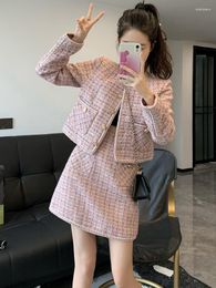 Work Dresses 2023 Small Fragrance Vintage Tweed Two Piece Set Women Crop Top Woollen Short Jacket Coat Mini Skirts Sets Pink Suits