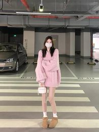 Women's Sweaters Vintage O-Neck Soft Knitted Pullover Women Top Autumn Winter Slouchy Korean Chic Loose Sweater Pink Sweet Mid Length