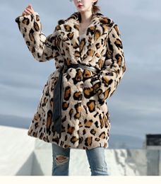 Womens Fur Faux FURSHEHE Winter Women Natural Rabbit Coat Female Warm Jacket Leopard Pattern Turndown Collar Long Fashion Overcoat 230824