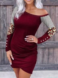 Casual Dresses Leopard Striped Wrap Button One Sided Cold Shoulder Bodycon Dress Women Spring Sexy Elegant Club Party Long Sleeve