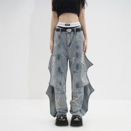 Women's Jeans Korean Designer Women 2023 Y2k High Waist Wide Leg Straight Trousers Fashion Ruffles Pants American Retro