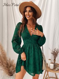 Basic Casual Dresses MISS PETAL Plunge ALine Mini Dress Woman Green Sexy Long Sleeve Party 2023 Spring Autumn Female Sundress 230825