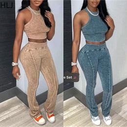 Women's Two Piece Pants HLJ Ribbing Women Tracksuit Round Neck Solid Color Sleeveless Tank Top And Leggings Fitness Pieces Set Street